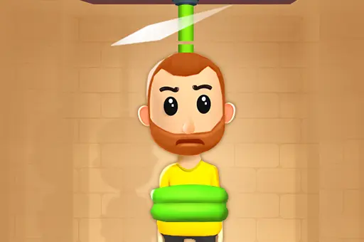 Personagem de jogo de estilo cartoon preso por cordas, pendurado no teto, aguardando ser libertado ao cortar a corda com o dedo para cair e alcançar a porta de saída. Jogo de raciocínio lógico.